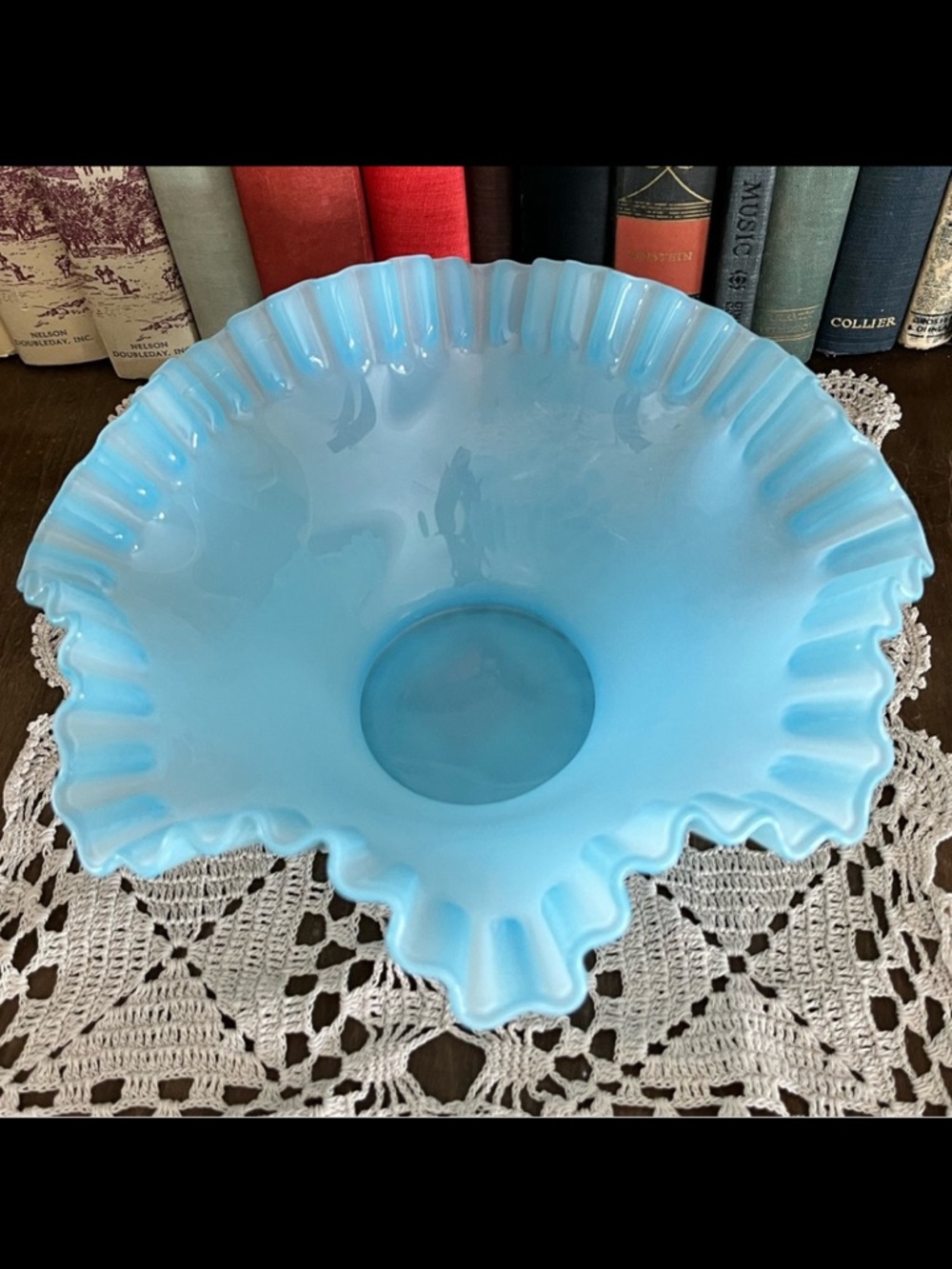 Vintage Fenton Blue Opalescent Ruffled Bowl – 8.50” Wide